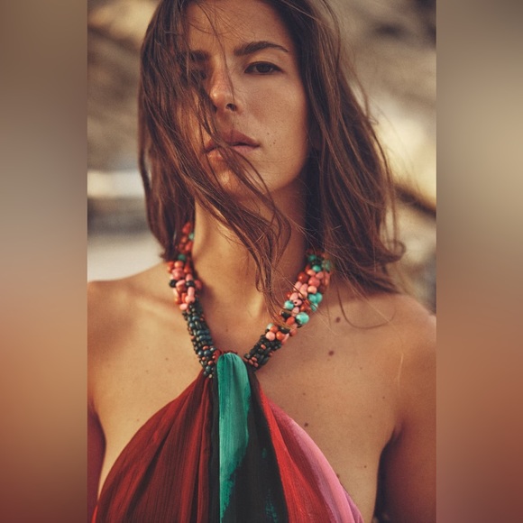 Zara BEADED HALTER multicolored print open back asymmetric hem DRESS sz.XS - Picture 6 of 17